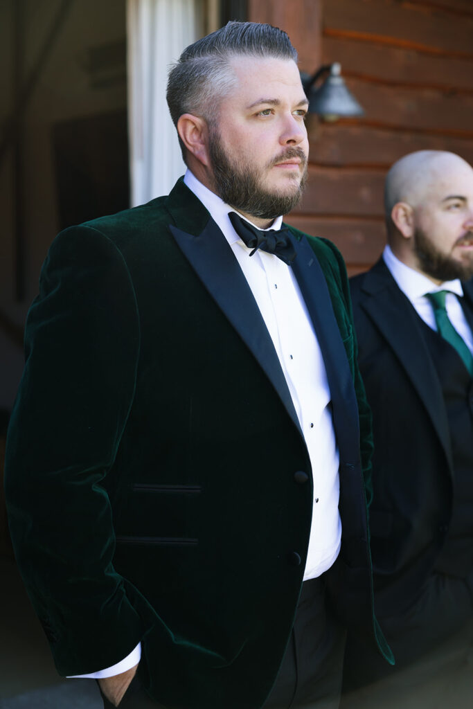 Karson looking dapper in his green velvet tux custom made and altered by Sean Marshall at Style Thuggery