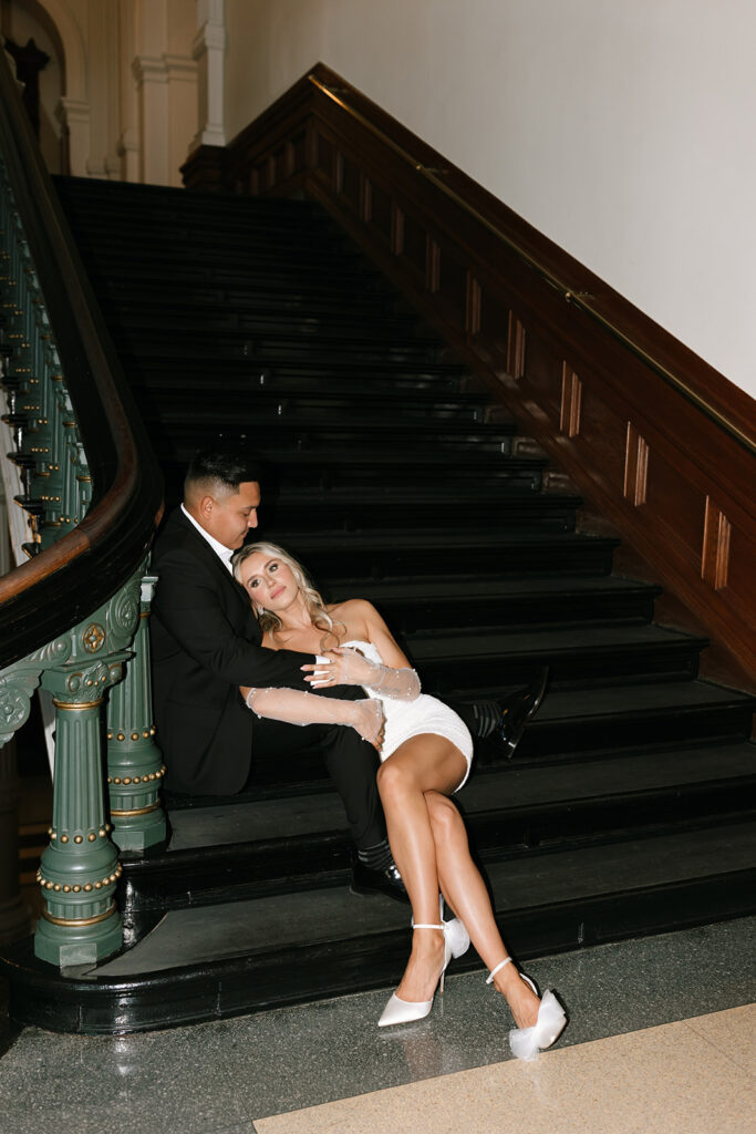 Grand staircase engagement portraits at the Texas State Capitol in downtown Austin