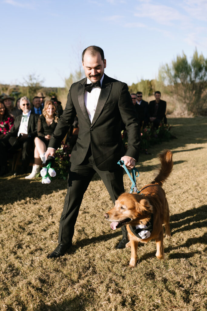Groomsmen walking the couples dogs down the aisle
