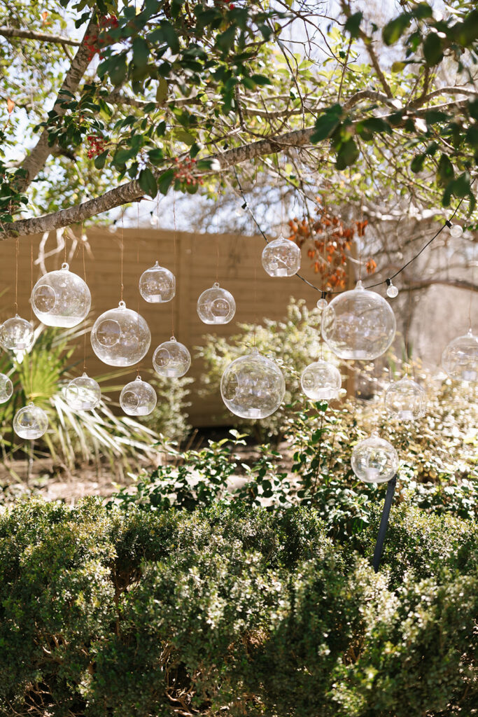 Floating clear glass lights or plant holder spheres hanging from the trees of the garden