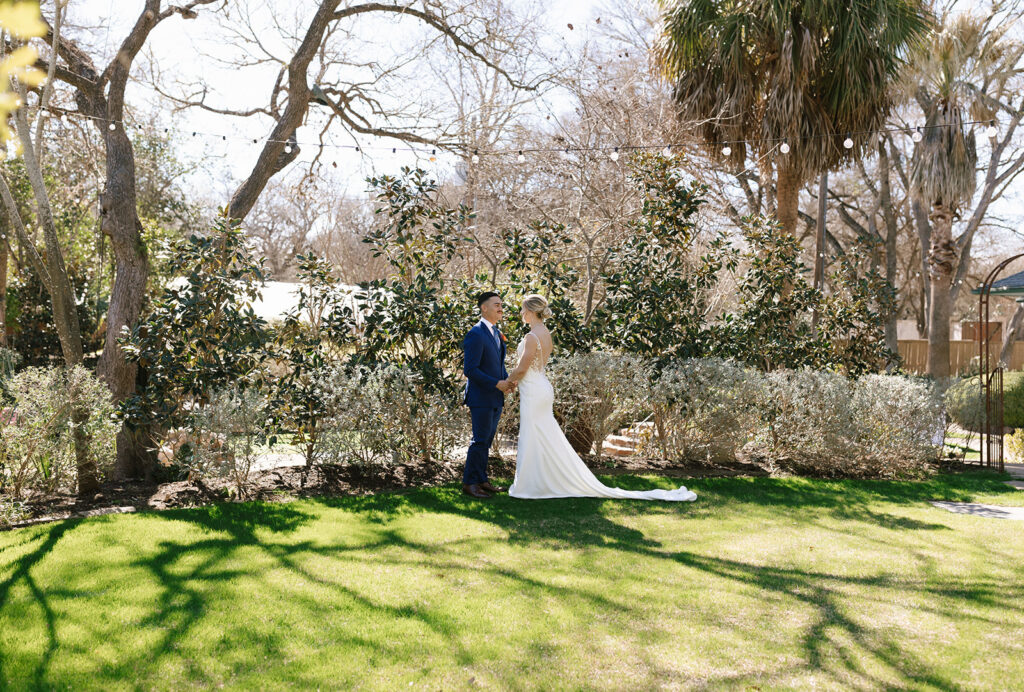Private first look moments in the garden of Hummingbird House Austin