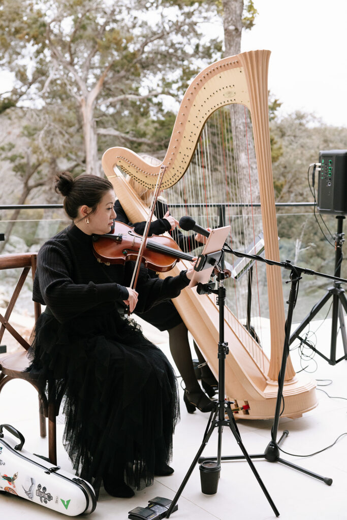 The harp and violin players during the ceremony at the Videre Estate