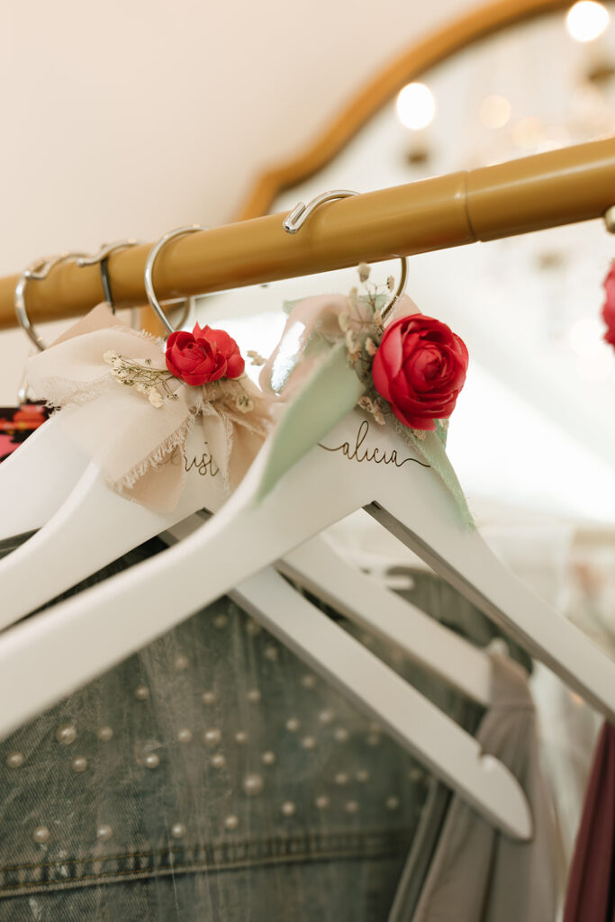Flower wedding hangers for romantic getting ready detail photos