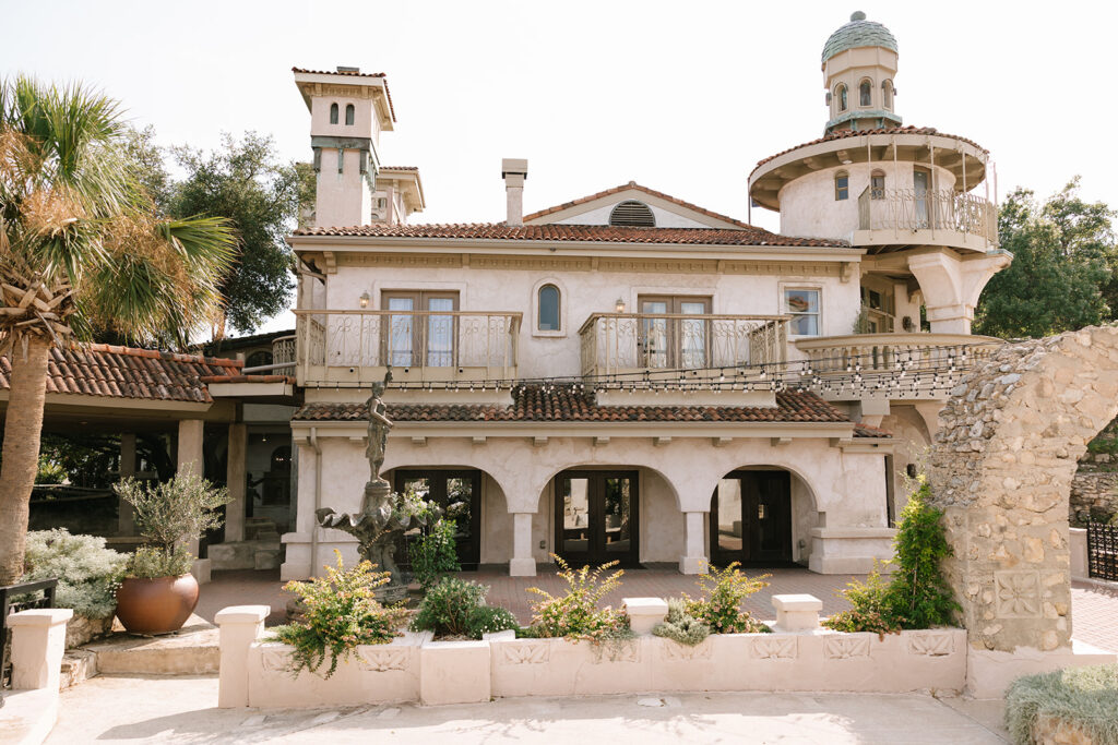 Villa Antonia exterior with arches and balconies, elegant wedding venue in Austin, Texas