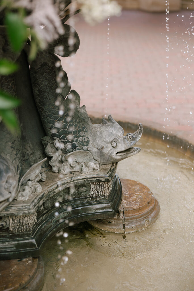 Ornate water fountain detail at Villa Antonia wedding venue