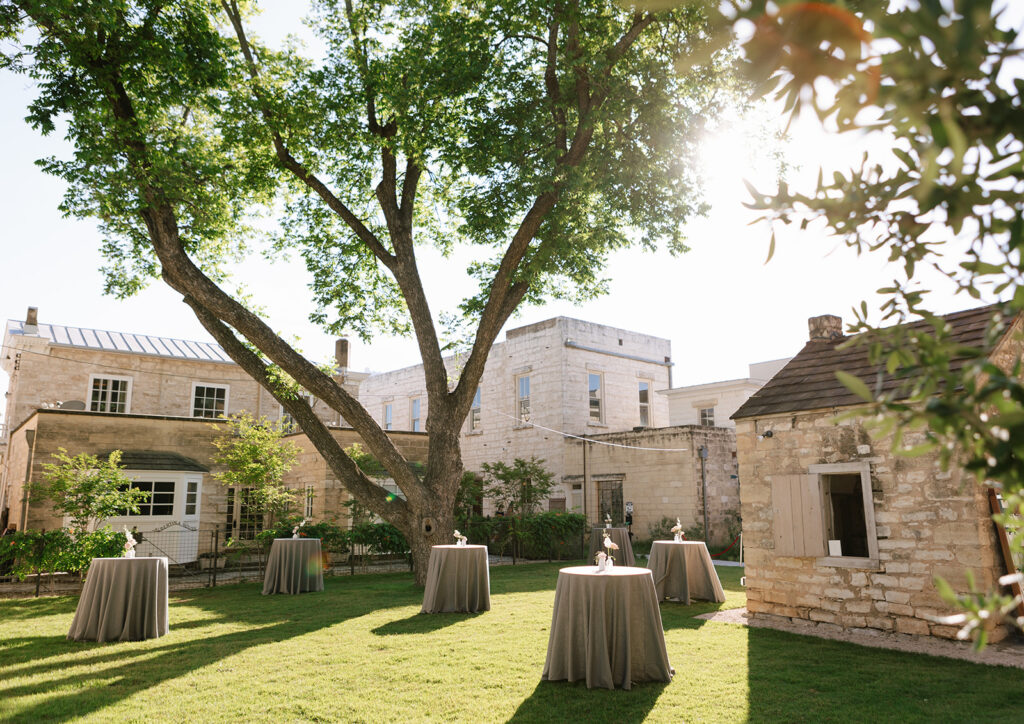 Outdoor cocktail hour setup on the lawn of Albert Hotel Fredericksburg with round tables under a large tree.