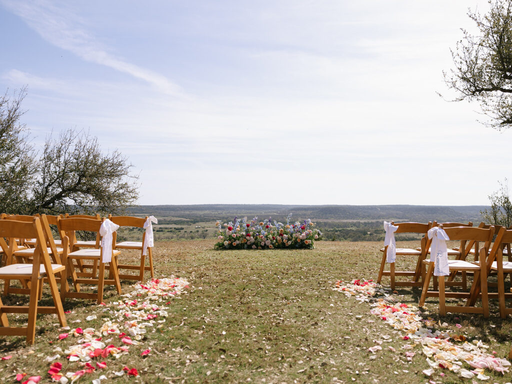 Contigo Ranch's outdoor wedding ceremony space with panoramic views of the surrounding Hill Country in Frederickbsurg Texas