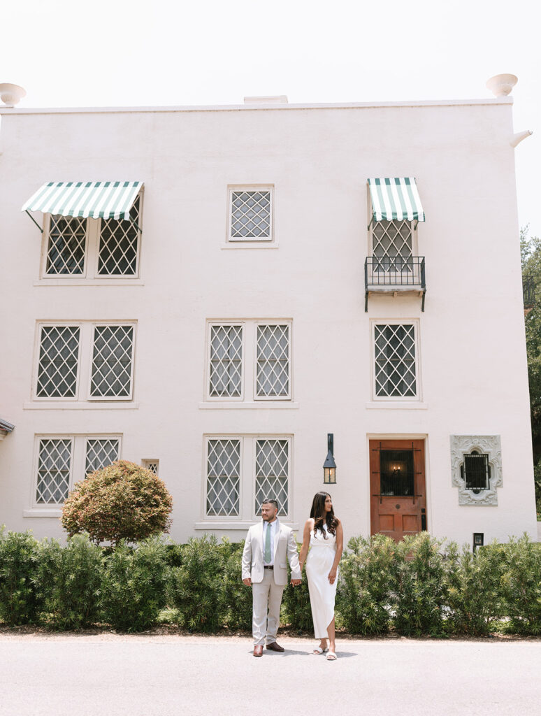 The stunning mediterranean vibe entrance to the historic Laguna Gloria wedding venue in downtown Austin off of Lake Austin