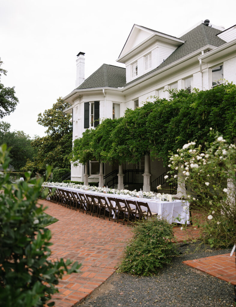 Garden dinner party vibes at the Woodbine Mansion wedding venue near Austin Texas